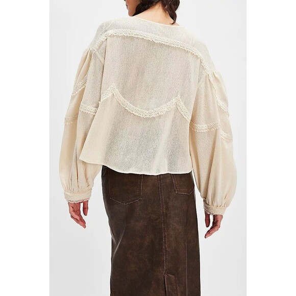 Free People Maisey Knit Blouse Top Floral Lace Embroidered Billowy S NWD 277115 - Picture 3 of 9